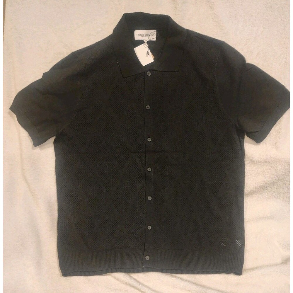 Thomas Sterling Black Polo Cartigan Shirt Sweater Short Sleeve Knit Button Up L